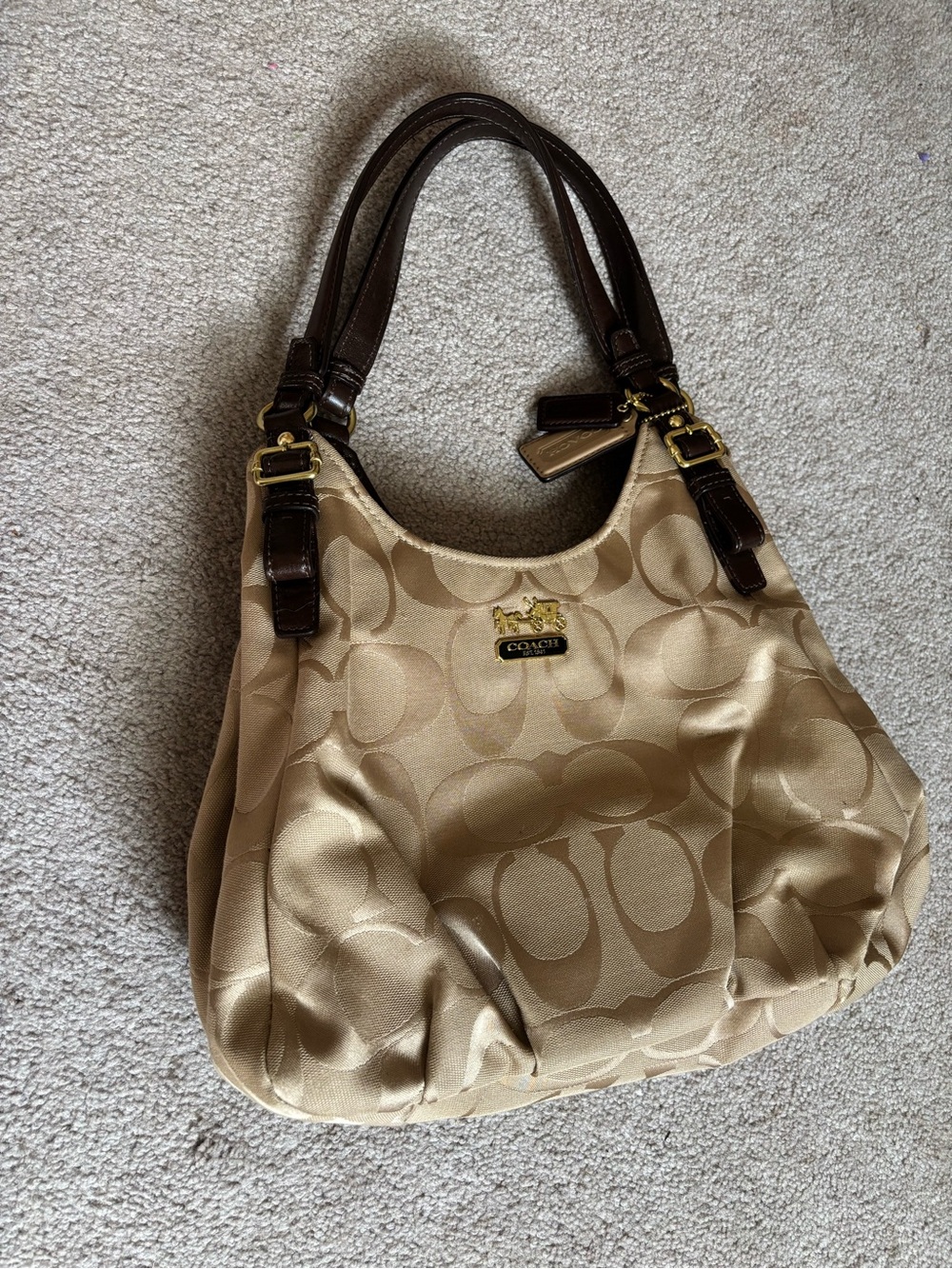 Coach Beige Jacquard Hobo with Dark Brown Leather Handles